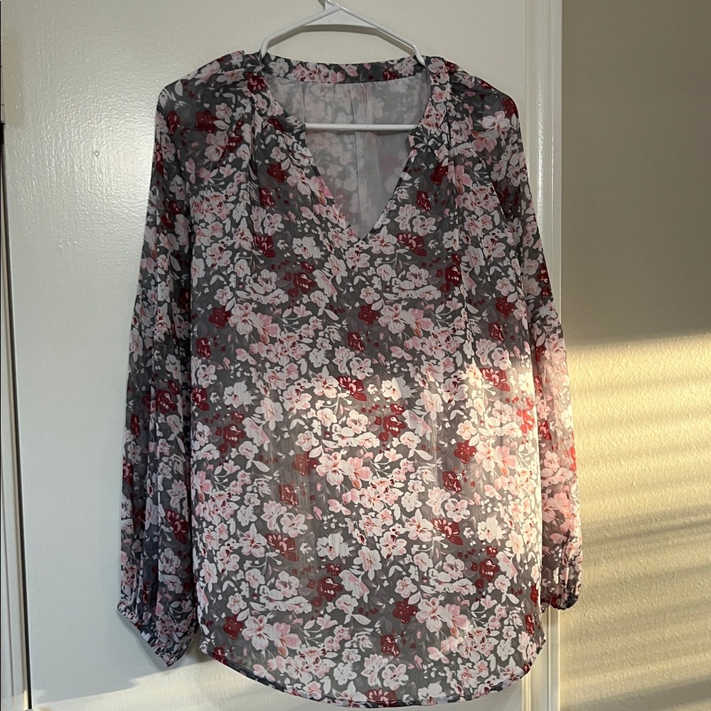 Floral V-Neck Blouse - Pink and Gray